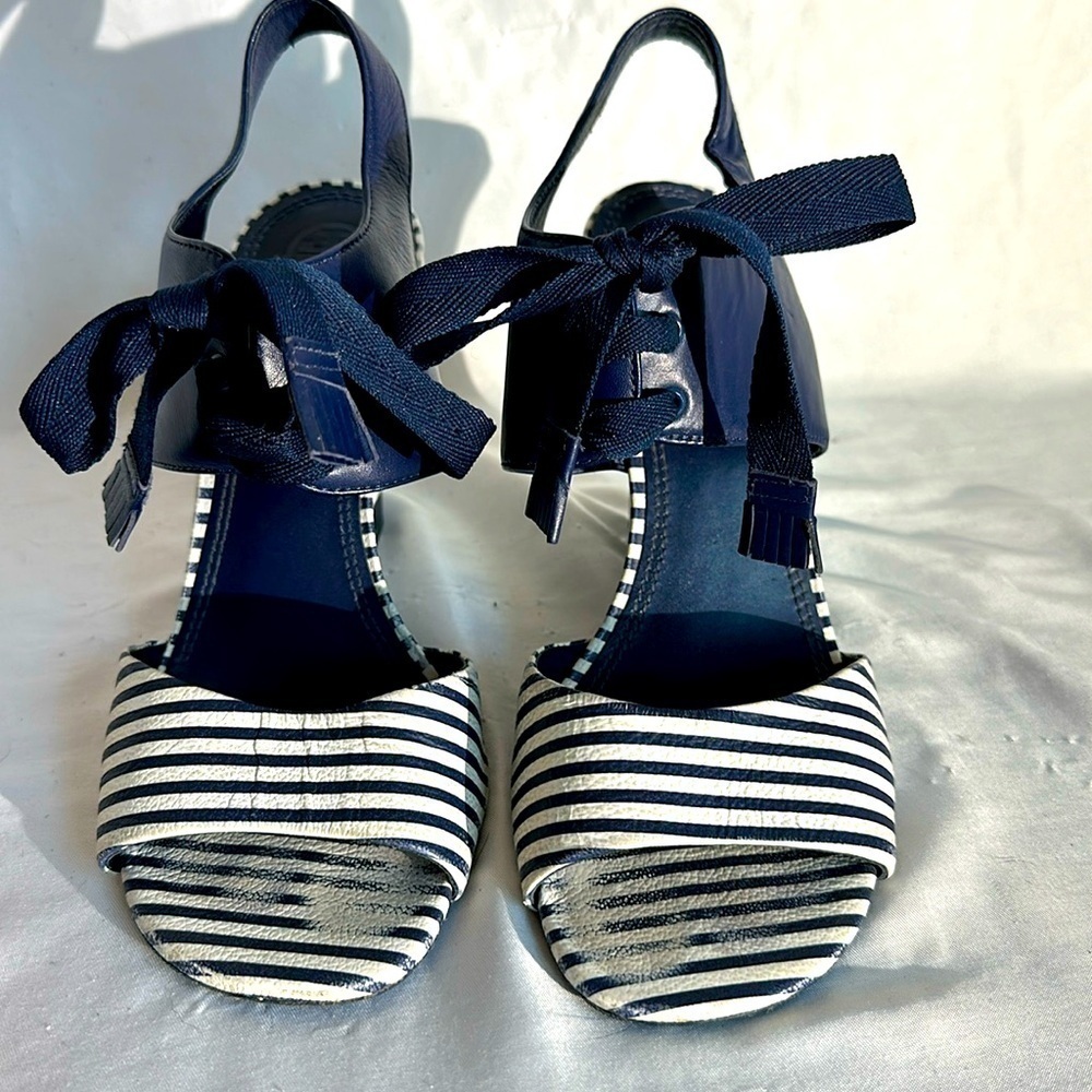Tory Burch Navy and White Striped Wedge Sandals
